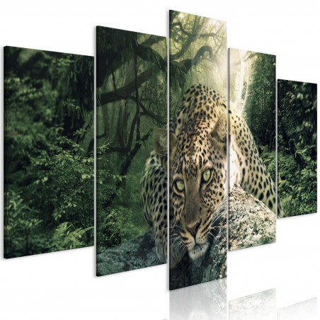 Tablou Leopard Lying (5 Parts) Wide Pale Green-01
