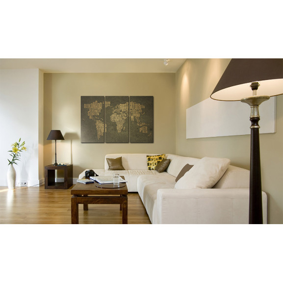 Tablou the map of the world, german language:beige continents triptych