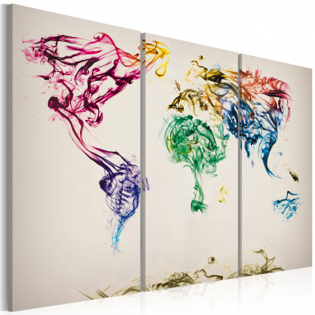 Tablou The World Map Colored Smoke Trails Triptych-01
