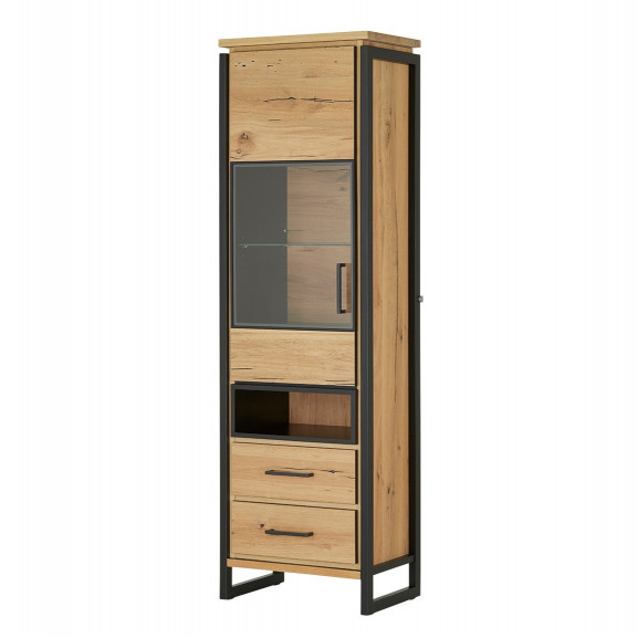 Vitrina Stanga Reno Cu 1 Usa Si 2 Sertare, Smoked Oak, 60 Cm