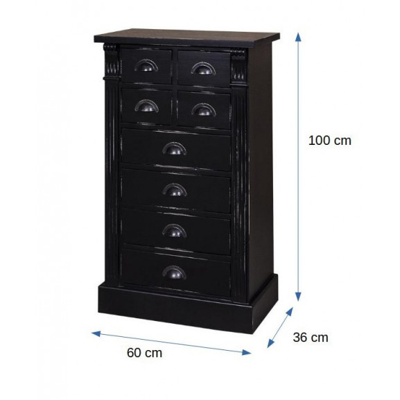 Comoda 8 sertare odette, lemn masiv, negru, 60 x 36 x 100 cm