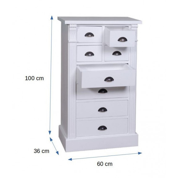 Comoda 8 sertare odette, lemn masiv, alb, 60 x 36 x 100 cm