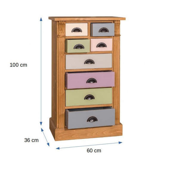 Comoda 8 sertare odette, lemn masiv, multicolor, 60 x 36 x 100 cm
