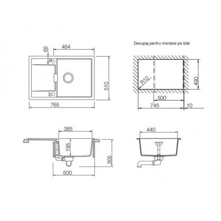 Chiuveta bucatarie Schock Mono D-100 Cristadur Puro, granit, reversibila, montare pe blat 76.5 x 51 cm-01