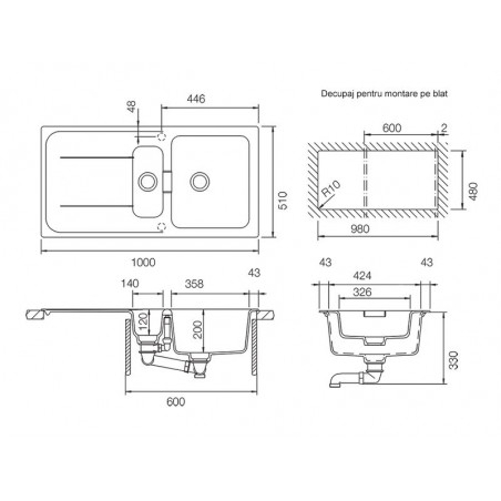 Chiuveta bucatarie Schock Wembley D-150 Cristadur Magma, granit, reversibila, montare pe blat 100 x 51 cm-01