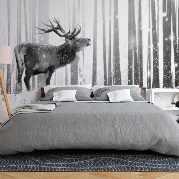 Fototapet Deer in the Snow (Black and White)