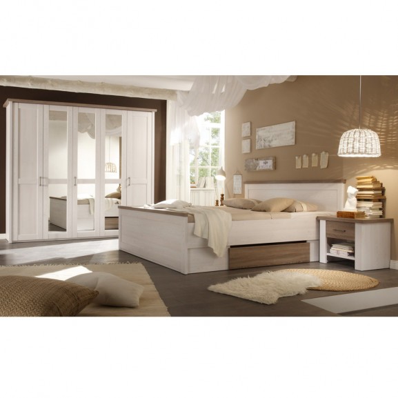 Set Dormitor Leon, Pin Alb Si Truffle, Pat Cu Dimensiunea Saltelei 180 x 200 Cm