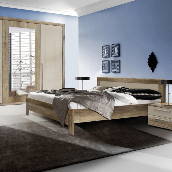 Dormitor Malvagio, Stejar antic & Bej lucios, Pat 1600 mm.