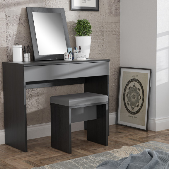 Poze Set Masuta Toaleta Delice, Masa toaleta cu oglinda si taburet, Gri Wolfram Uni Si Stejar Negru, 100.3 Cm