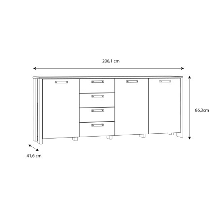 Bufet cu 3 usi si 4 sertare Clif, Lemn Vintage si Beton Optic Gri Inchis, 206.1 x 86,3 x 41,6 Cm-01