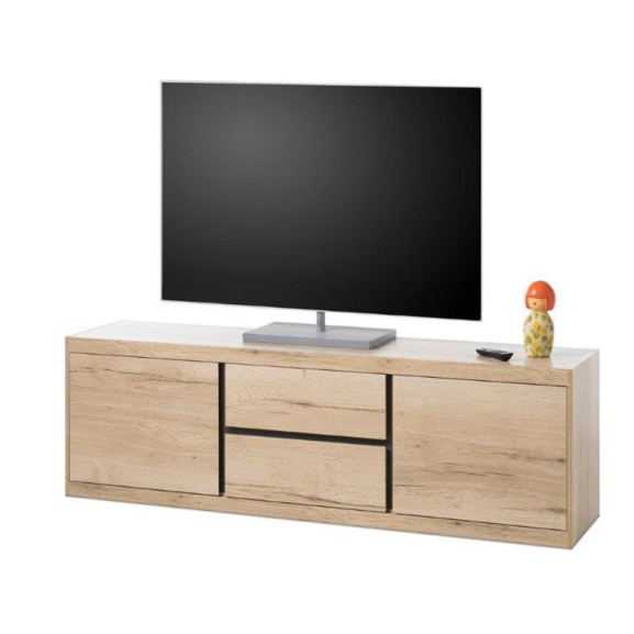 Poze Comoda TV Moderna Fjord, Cu 2 Usi 2 Sertare, Stejar Si Gri, Certificat FSC, 173 x 53 x 38 Cm