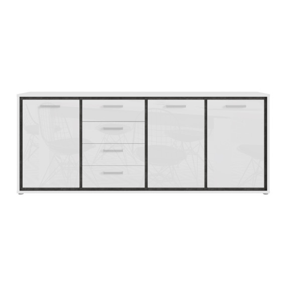 Comoda Rigmor, 3Usi + 4Sertare, Alb Super Lucios & Beton Optic Gri, 88 x 41.5 x 220 Cm