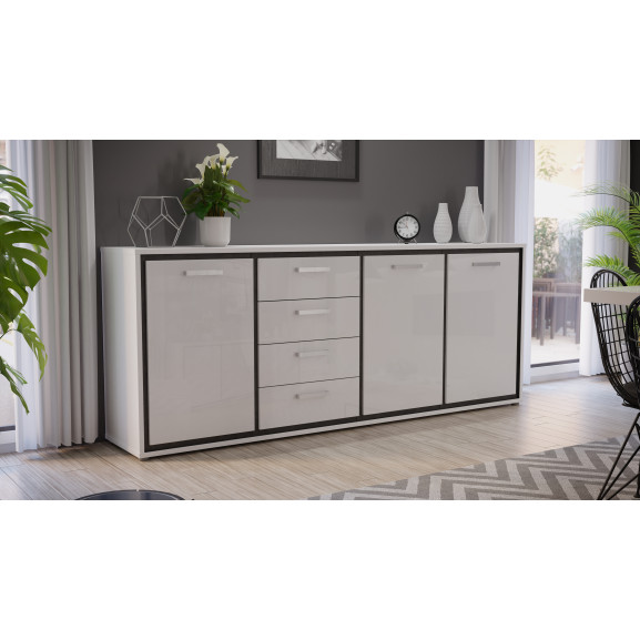 Comoda 3 usi & 4 sertare rigmor, alb & beton optic gri & alb super lucios, 220 x 87,7 x 41,5 cm
