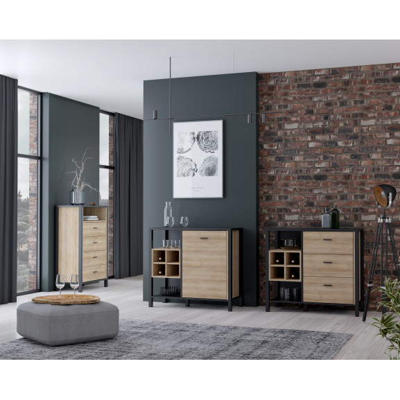 Comoda 1 usa high rock, negru & stejar riviera, 93,3 x 85,1 x 40,2 cm