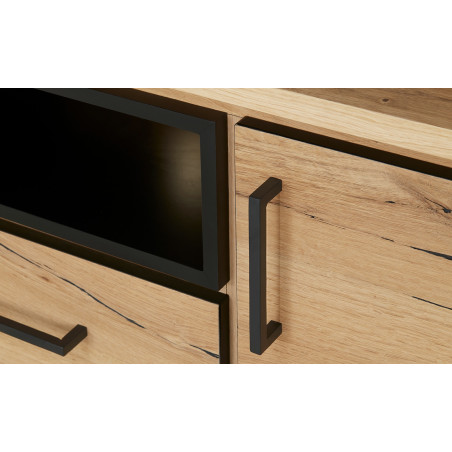 Bufet Reno 235.1x45x82 cm, Furnir Lemn Stejar Afumat si Negru, Mobila Sufragerie, 3 Usi 2 Sertare, Inchidere Silentioasa-01