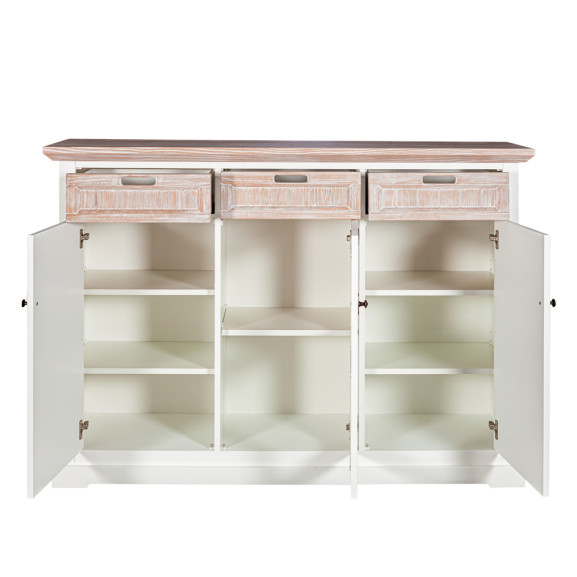 Highboard porto, 3usi + 3sertare, alb & natur, 110 x 44 x 150 cm