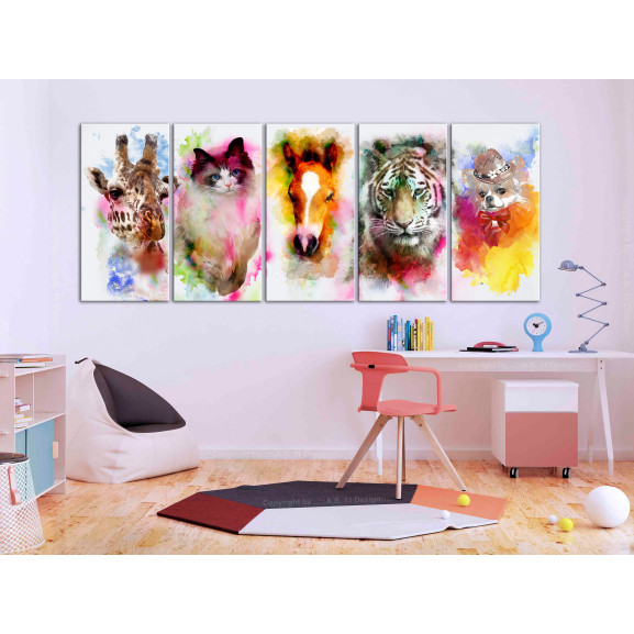 Tablou Watercolour Animals (5 Parts) Narrow, 200 x 80 Cm-Resigilat