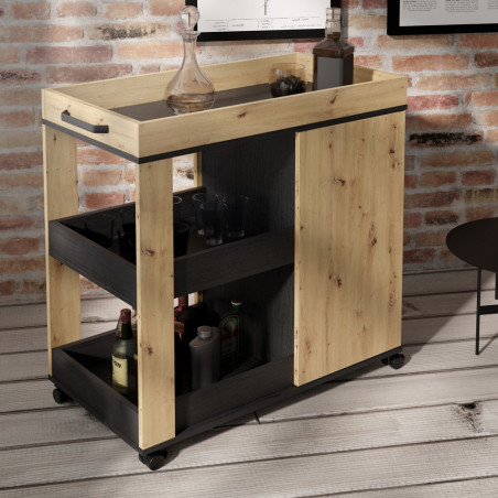 Comoda Home Bar Pe Role C773, Stejar Artisan Si Stejar Negru, 77.4 Cm-01