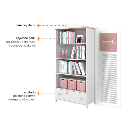 Biblioteca Lena Cu 1 Sertar, Alb Si Roz, 85 X 171 X 42 Cm-01