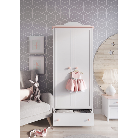 Dulap Lena Cu 2 Usi Si 1 Sertar, Alb Si Roz, 196 x 85 x 52 Cm Articole mobila copii