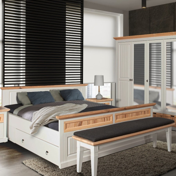 Poze Set Dormitor Tivoli Alb Si Natur, Pat Cu Dimensiunea Saltelei 180 X 200 Cm, 2 Noptiere si Dulap