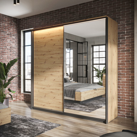 Dulap Vant Cu Led Cu 2 Usi Glisante, Stejar Artizan Si Negru, 221 Cm-01
