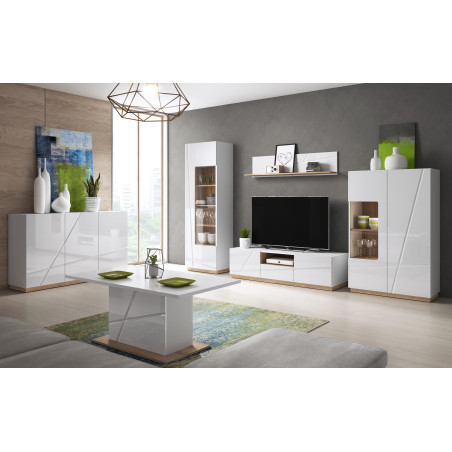 Comoda Tv Fuji Cu 2 Usi Si 1 Sertar, Alb, Riviera Oak Si Alb Lucios, 150 Cm-01