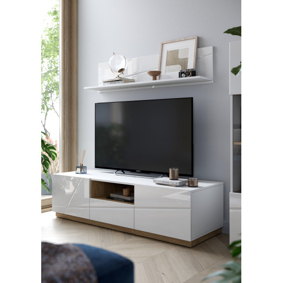 Comoda Tv Fuji Cu 2 Usi Si 1 Sertar, Alb, Riviera Oak Si Alb Lucios, 150 Cm