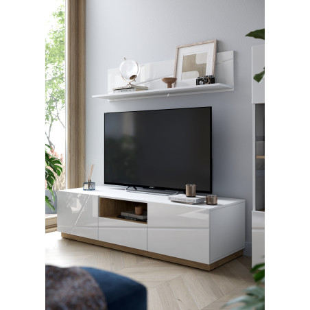 Comoda Tv Fuji Cu 2 Usi Si 1 Sertar, Alb, Riviera Oak Si Alb Lucios, 150 Cm-01