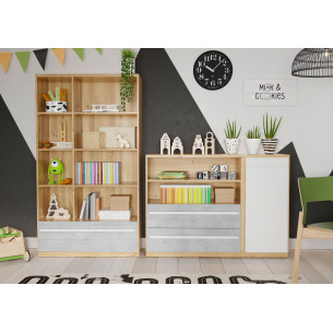 Comoda Piano Cu 1 Usa Si 2 Sertare, Stejar Nash, Alb Si Beton, 125 Cm