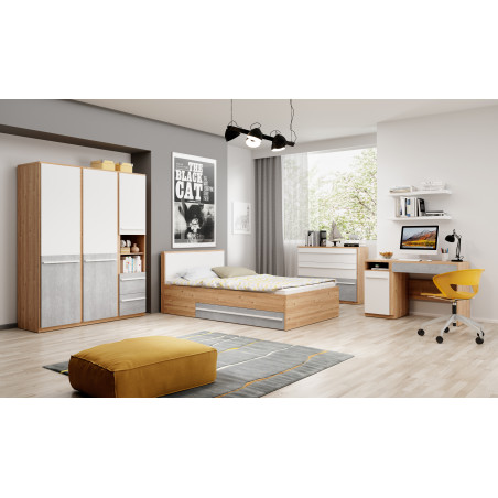 Pat Piano Dimensiune Saltea 120 x 200 Cm, Cu 2 Sertare, Stejar Nash, Alb Si Beton-01