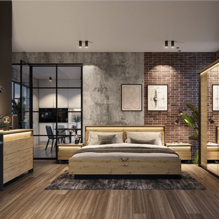 Pat Vant Cu Lada Depozitare Si Led, Stejar Artizan Si Negru, Dimensiune Saltea 180 x 200 Cm-01