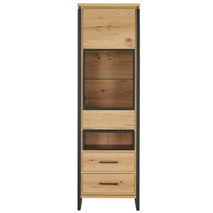 Vitrina Dreapta Reno Cu 1 Usa Si 2 Sertare, Smoked Oak, Furnir Din Lemn Masiv, 60 Cm