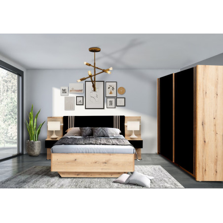 Set Mobila Dormitor Como Cu Pat 160 Cm, 2 Noptiere Si Dulap Cu 2 Usi, Negru Si Natur-01