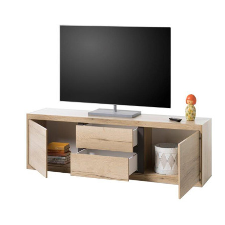 Comoda Tv Fjord 2 Usi si  2 Sertare, Stejar si Gri FS, 173 x 53 x 38 Cm-Resigilat-01