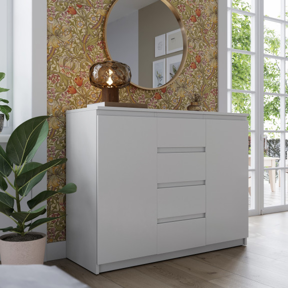 Poze Comoda Thea, Alba, Cu 2 Usi Si 4 Sertare Spatioase, Eleganta si Functionala, 109 x 85 x 40 Cm