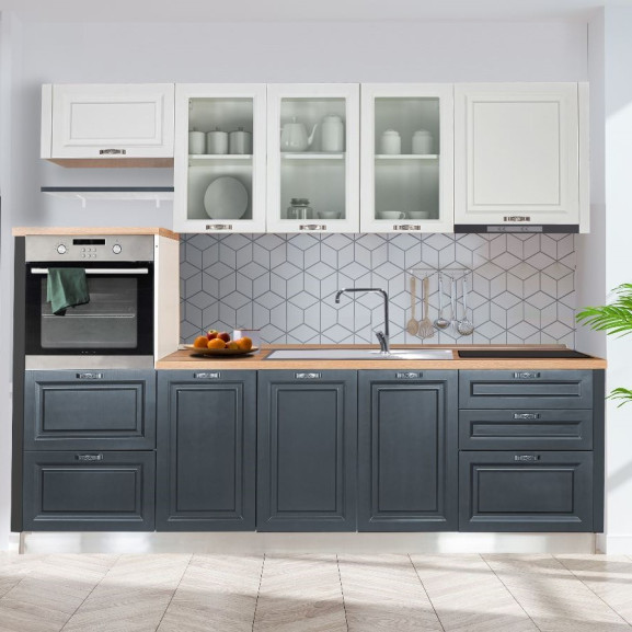 Bucatarie Leo, Alb Si Gri, Front Mdf Vopsit, 260 X 220 X 60 Cm Mobilier Bucatarie