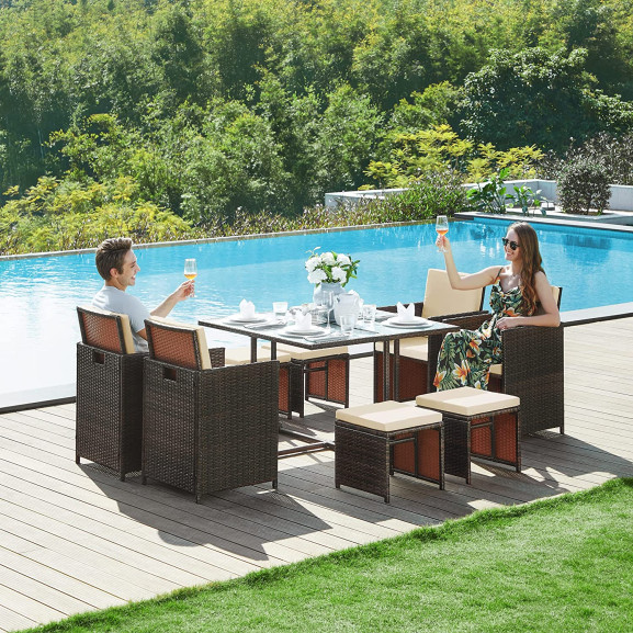 Set Mobilier De Gradina Din 9 Piese Din Rattan Pe, Masuta De Cafea Cu Blat Din Sticla Cu Perne, Maro Si Bej (pe