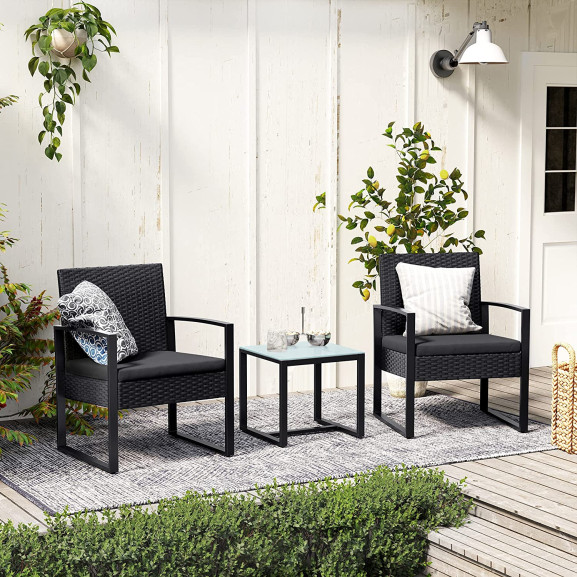 Set Mobilier De Gradina Din 3 Piese, Ratan Pe, 2 Scaune Si 1 Masa, Negru (pe