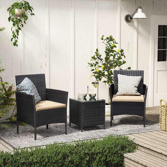 Seturi De Mobilier De Gradina Din 3 Piese, Rachita Pe, Negru Si Taupe (pe