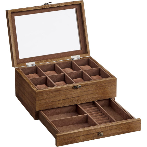 Cutie de bijuterii din lemn cu 2 niveluri, cu capac de sticla, nuc rustic