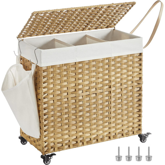 Cos De Rufe Rulant Din Rattan Sintetic Cu 3 Sectiuni, Captuseala Detasabila, Natur, 26 Cm