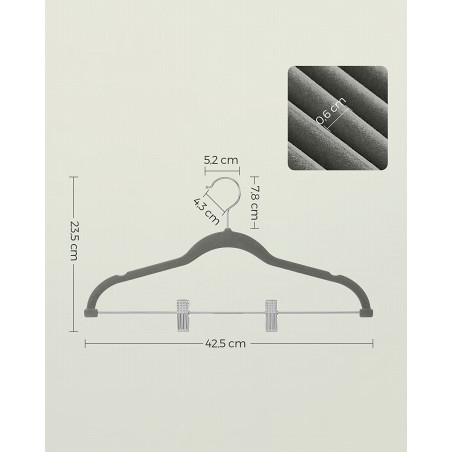 Set De 12 Umerase Din Catifea Cu Cleme Reglabile, Gri, 42.5 Cm-01