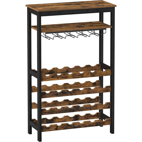 Raft De Depozitare Cu Blat Si Suport Pentru Sticle, Maro Rustic Si Negru, 26 Cm