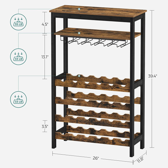 Raft De Depozitare Cu Blat Si Suport Pentru Sticle, Maro Rustic Si Negru, 26 Cm