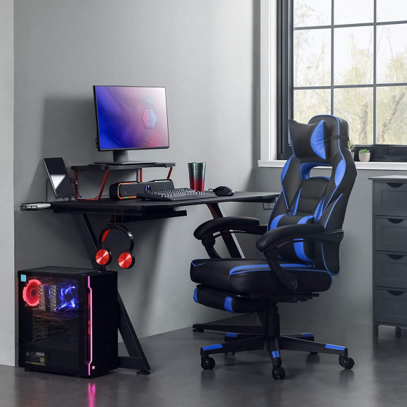 Scaun de birou ergonomic reglabil, negru si albastru
