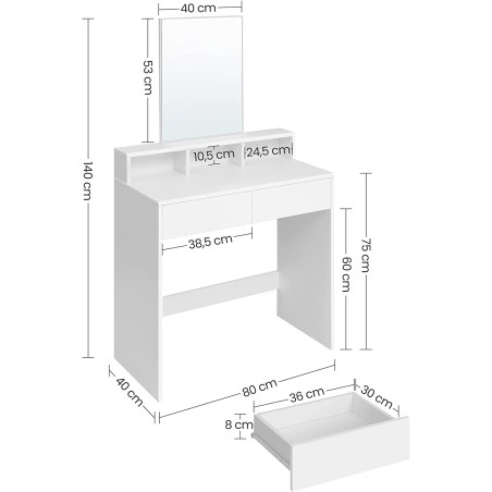Masa De Toaleta Cu Oglinda, 2 Sertare Si 3 Compartimente, Alb, 80 Cm-01
