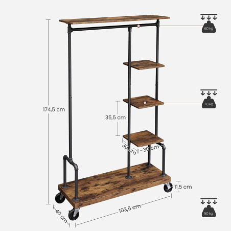 Suport Pentru Haine Pe Roti, Maro Rustic Si Negru, 103.5 Cm-01