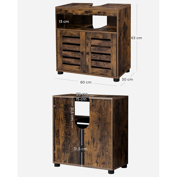 Dulap De Depozitare Chiuveta , Cu 2 Usi, Polita Reglabila, Maro Rustic, 60 Cm