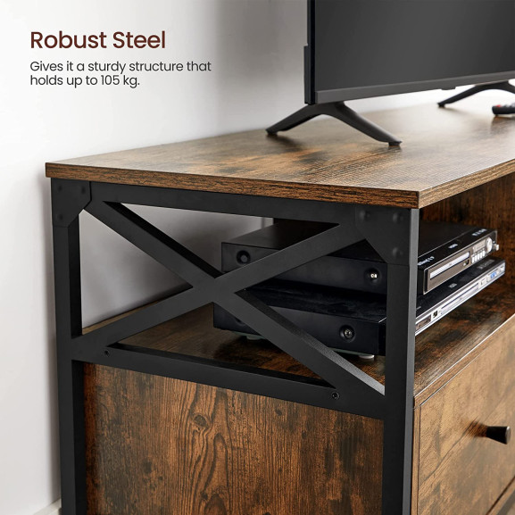 Comoda Tv Cu 3 Sertare Si Rafturi De Depozitare, Maro Rustic Si Negru, 147 Cm
